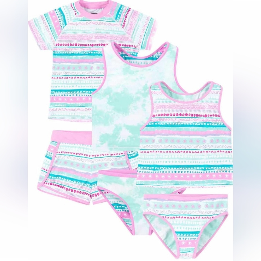 Eddie BauerGirls Swim Set,Mix and Match Rashguard Top+shorts+ Reversable Tankini
